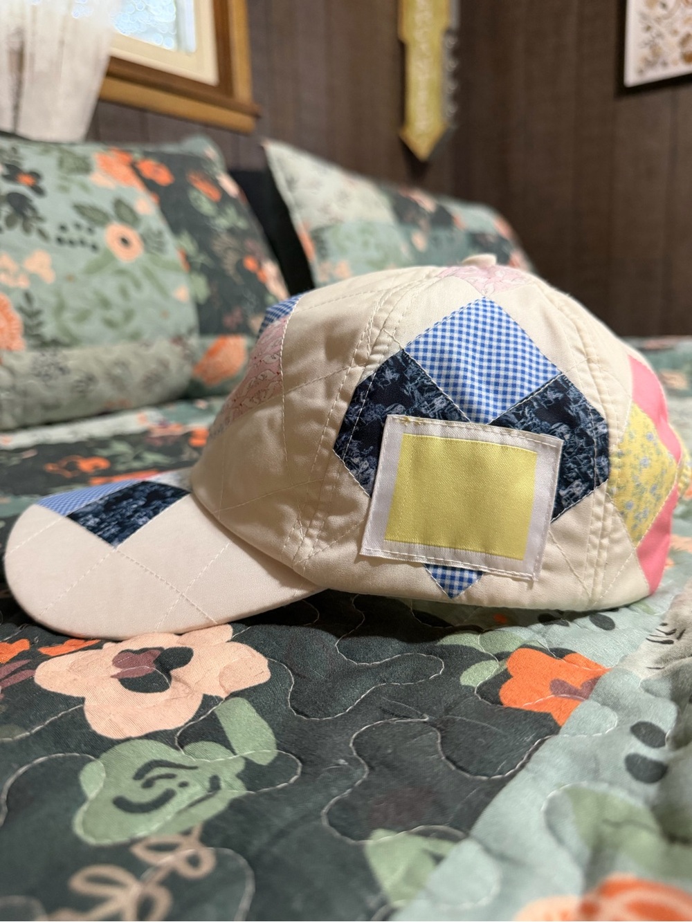 Yllw the Label Quilted Patchwork Baseball Cap in Cream with Yellow Accent